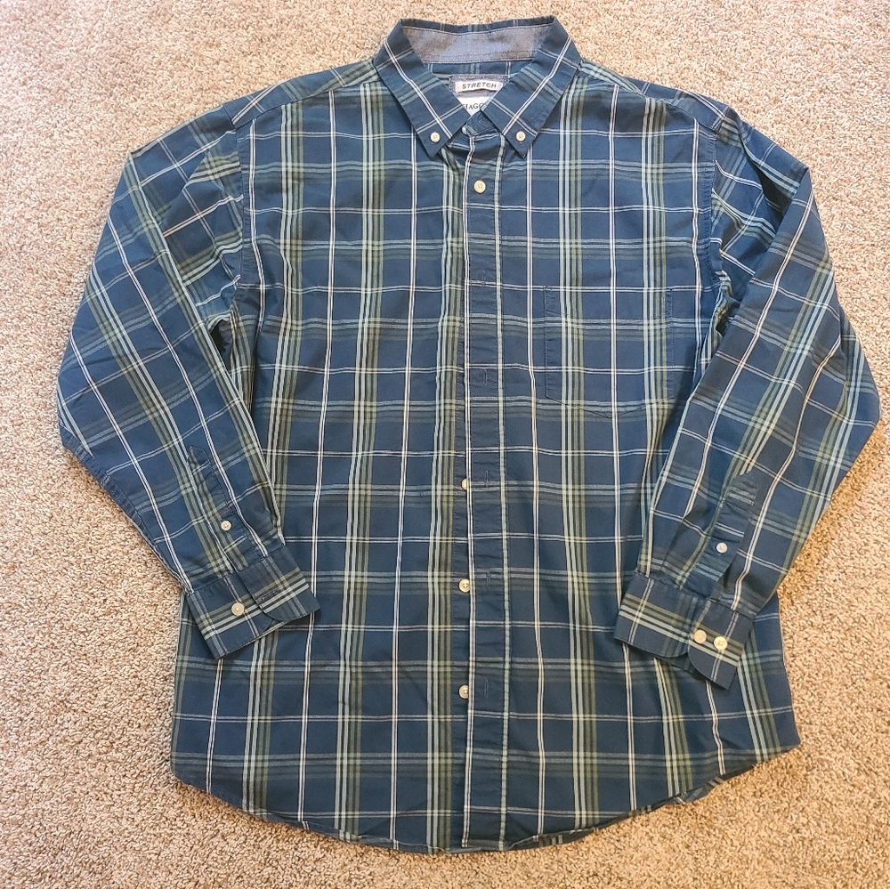 Teal Green Haggar Mens Stretch Long Sleeve Plaid Shirt